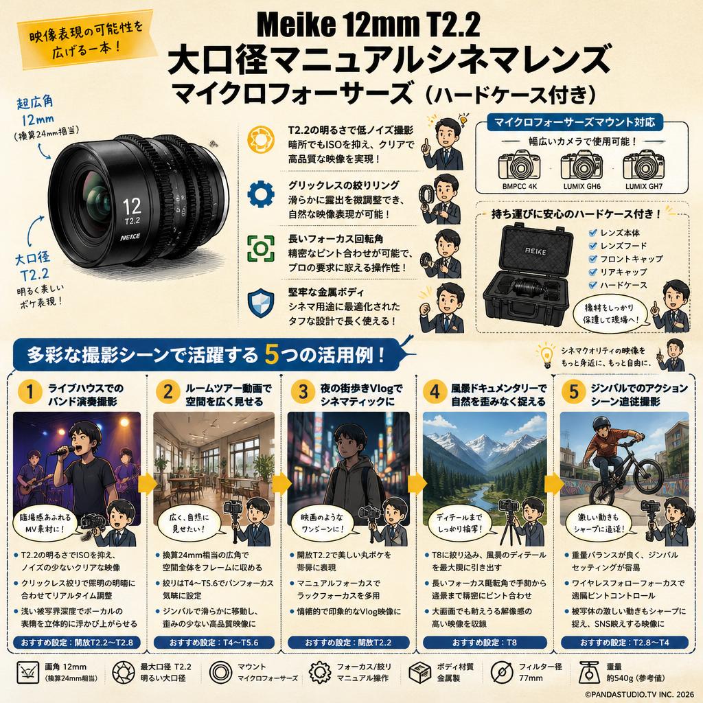 Meike 12mm T2.2大口径マニュアル シネマレンズ マイクロフォーサーズ(ハードケース付き) 用途