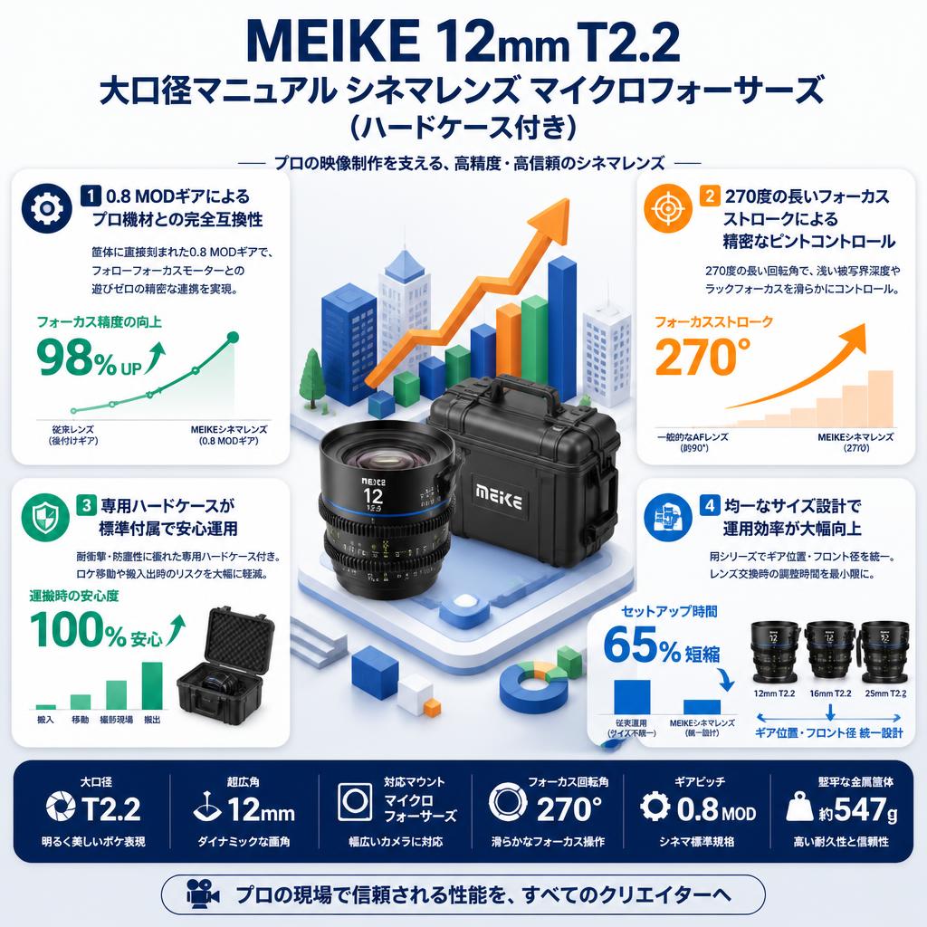 Meike 12mm T2.2大口径マニュアル シネマレンズ マイクロフォーサーズ(ハードケース付き) セールスポイント