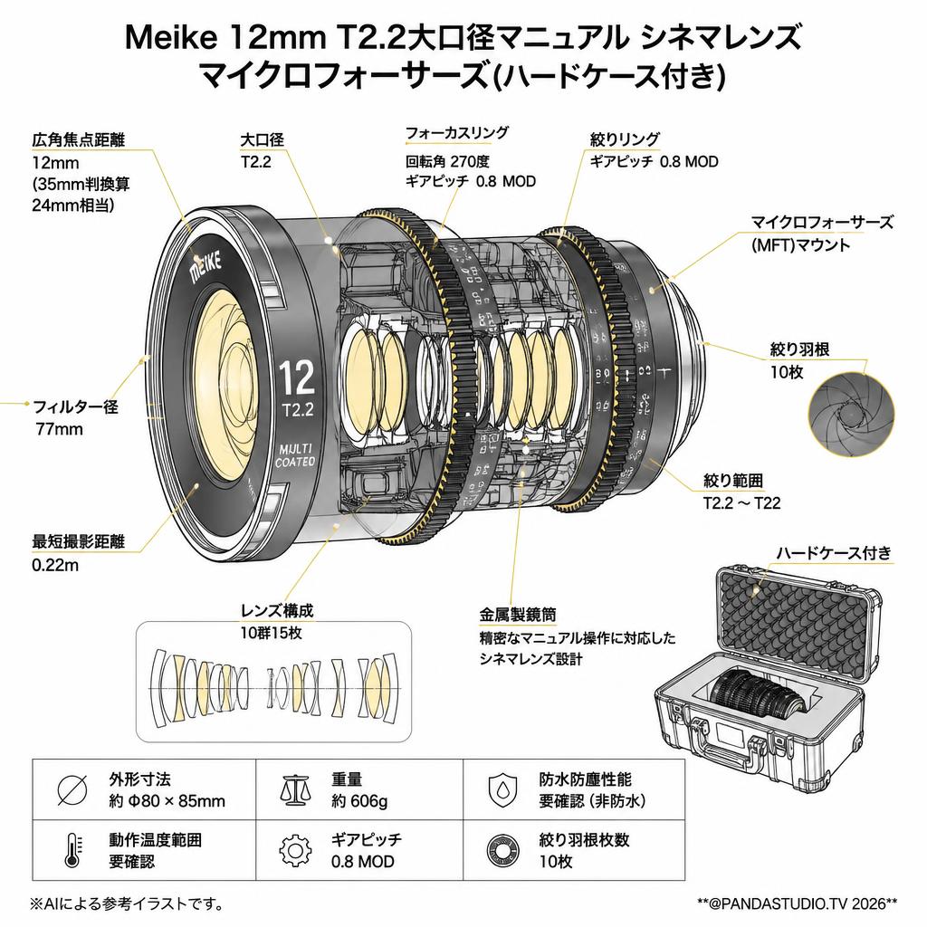Meike 12mm T2.2大口径マニュアル シネマレンズ マイクロフォーサーズ(ハードケース付き) スペック