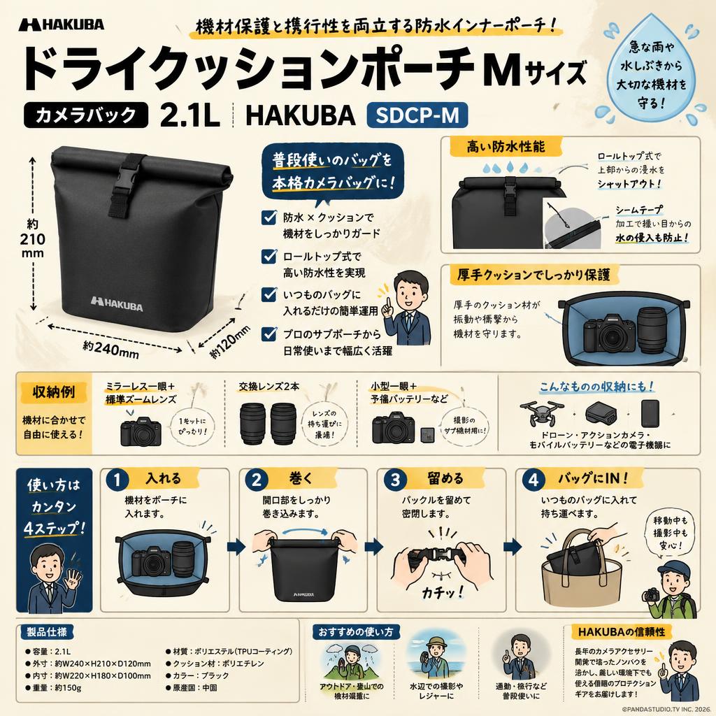 カメラバック 2.1L  HAKUBA ドライクッションポーチ Mサイズ SDCP-M 概要