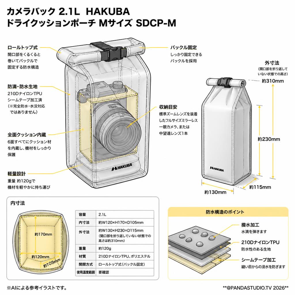 カメラバック 2.1L  HAKUBA ドライクッションポーチ Mサイズ SDCP-M スペック