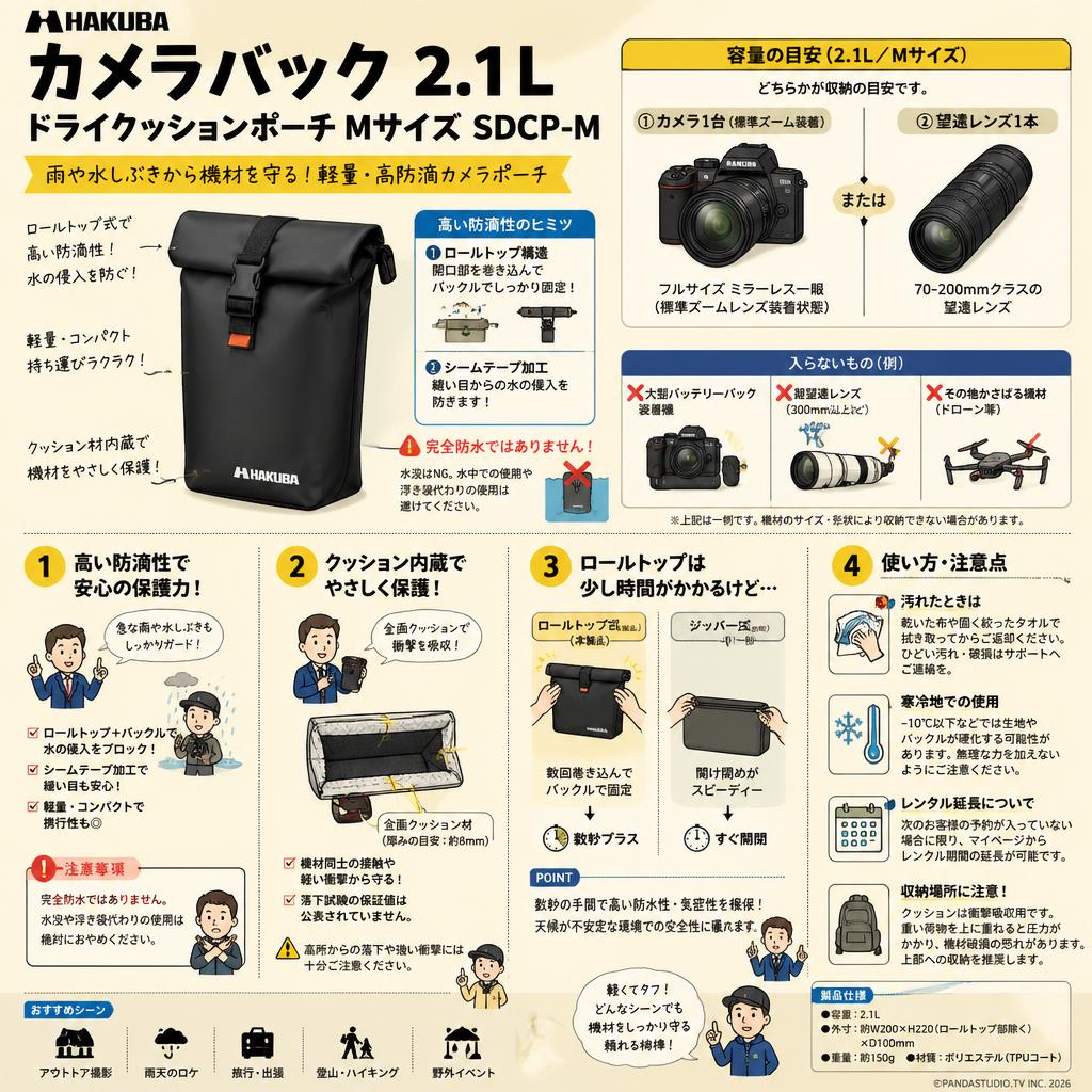 カメラバック 2.1L  HAKUBA ドライクッションポーチ Mサイズ SDCP-M FAQ（よくある質問と答え）