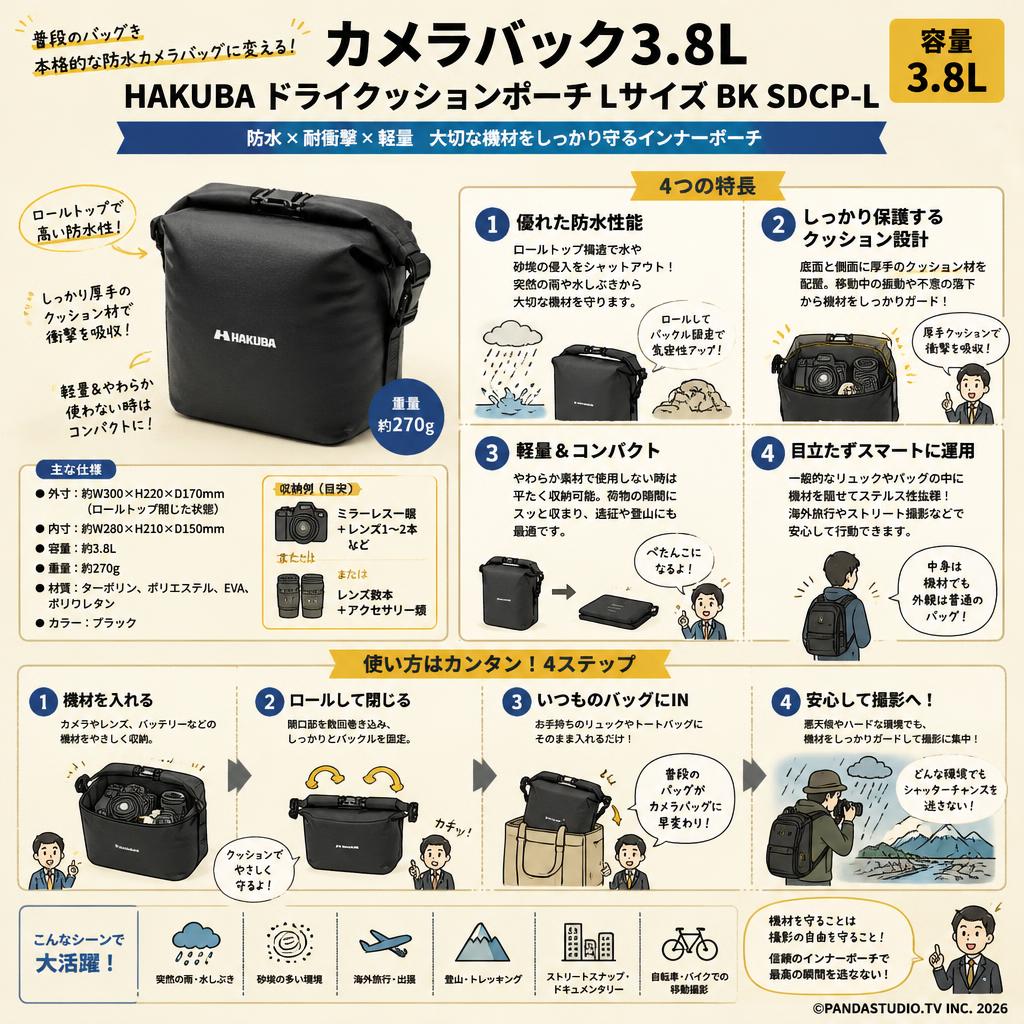 カメラバック3.8L  HAKUBA ドライクッションポーチ Lサイズ BK SDCP-L 概要