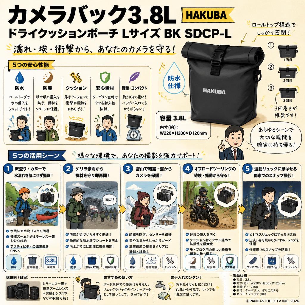 カメラバック3.8L  HAKUBA ドライクッションポーチ Lサイズ BK SDCP-L 用途