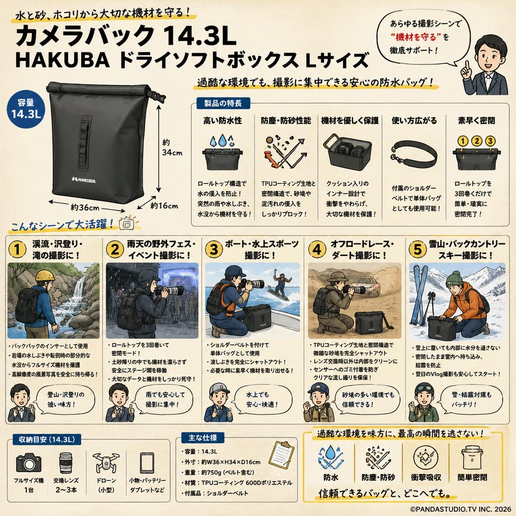 カメラバック 14.3L HAKUBA ドライソフトボックス Lサイズ 用途