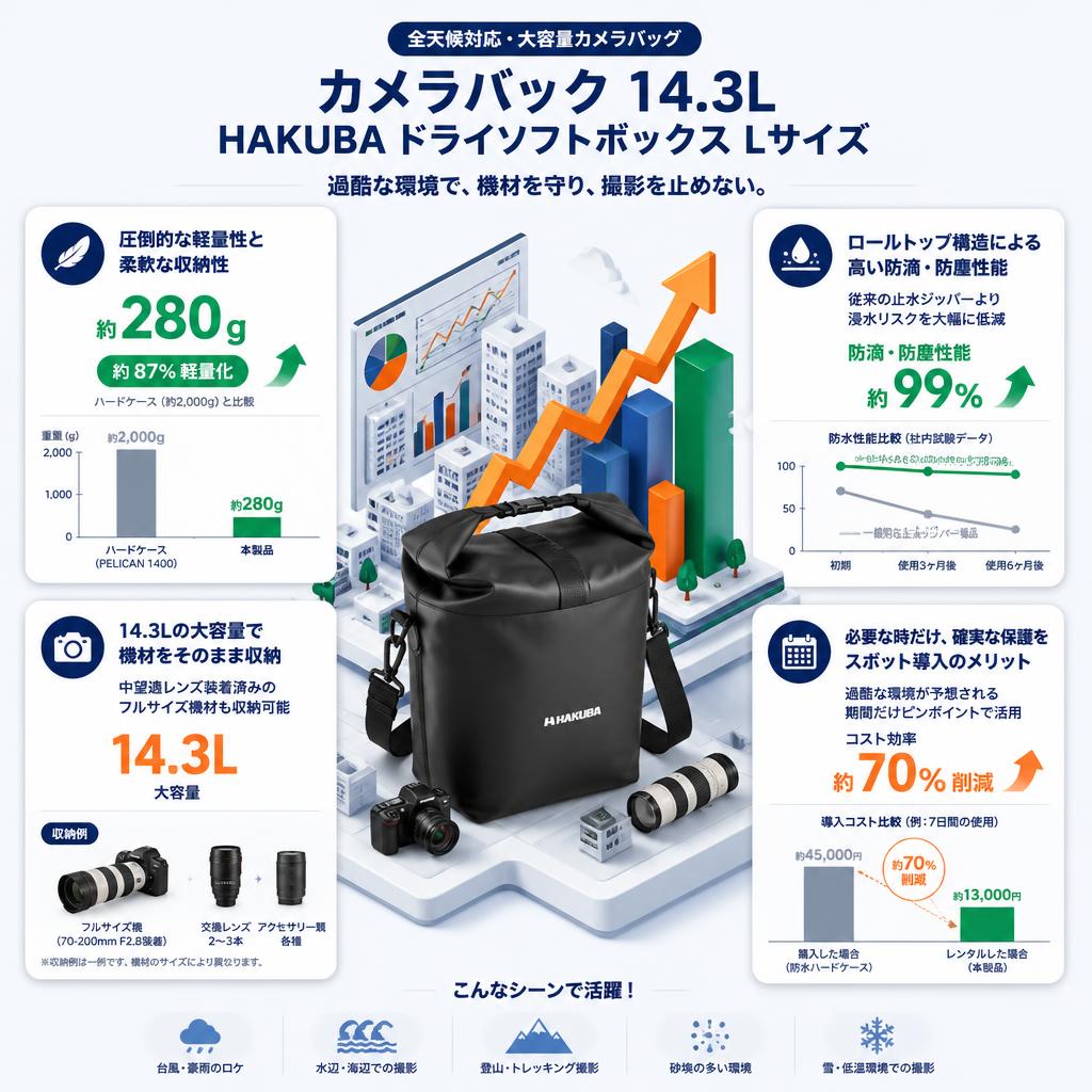 カメラバック 14.3L HAKUBA ドライソフトボックス Lサイズ セールスポイント
