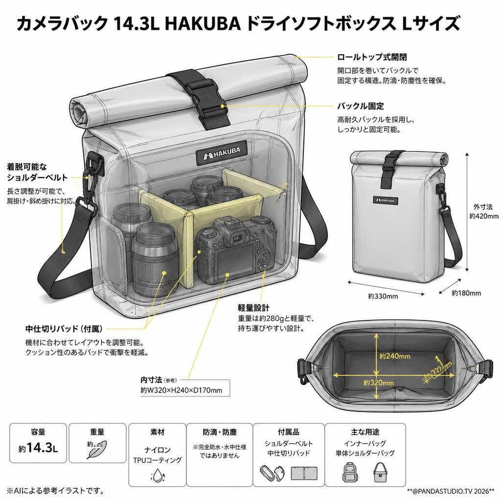 カメラバック 14.3L HAKUBA ドライソフトボックス Lサイズ スペック
