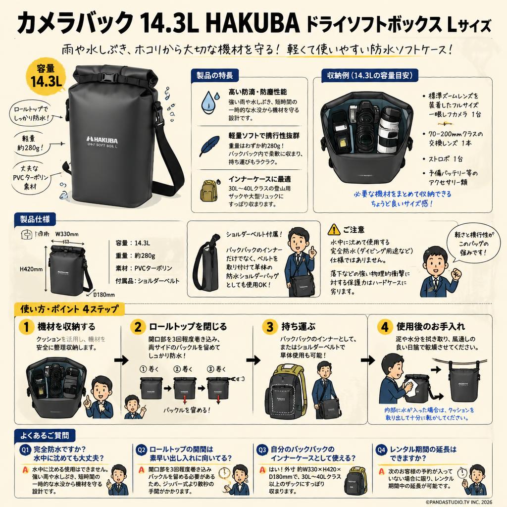 カメラバック 14.3L HAKUBA ドライソフトボックス Lサイズ FAQ（よくある質問と答え）