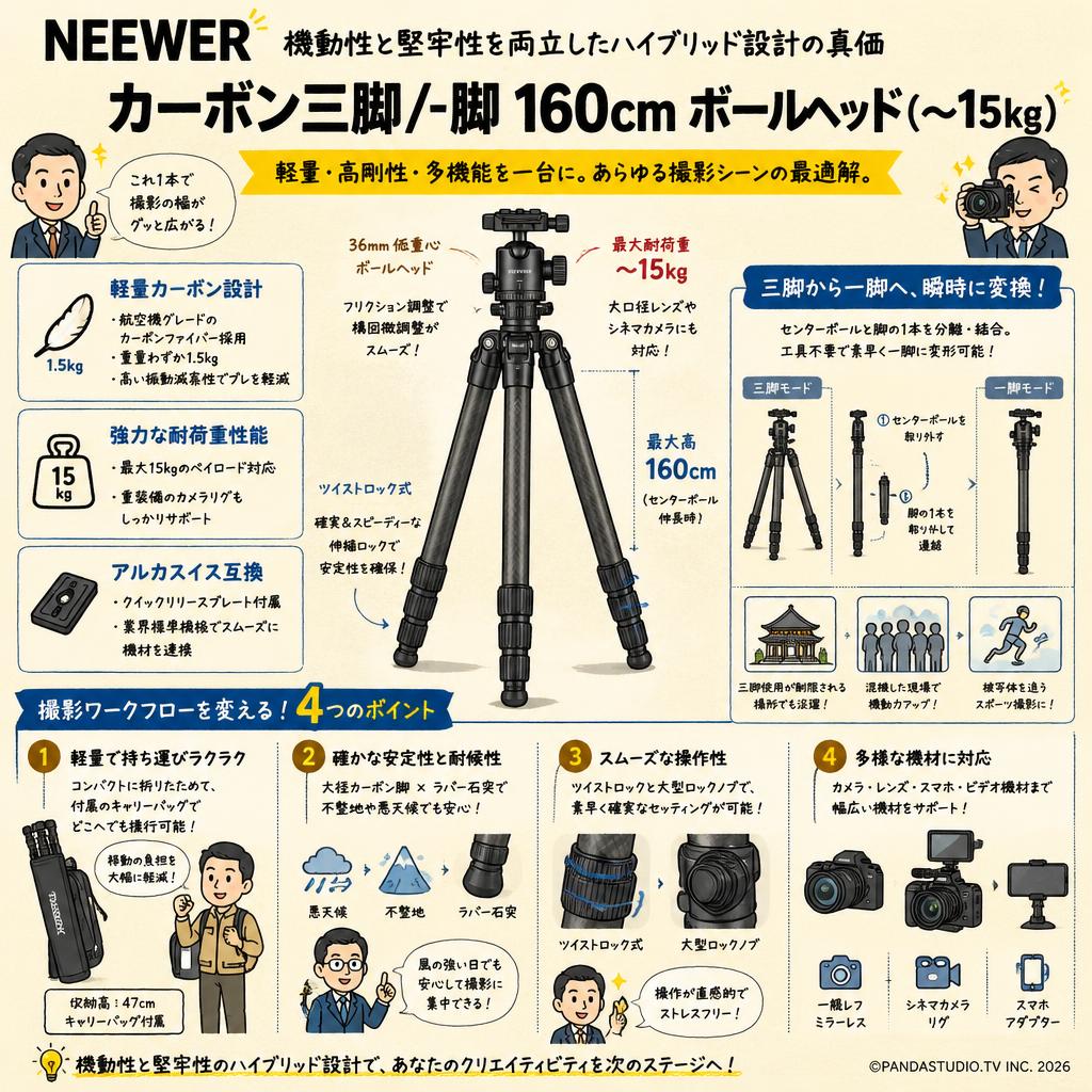 Neewer カーボン三脚/一脚 160cm ボールヘッド(〜15kg） 概要