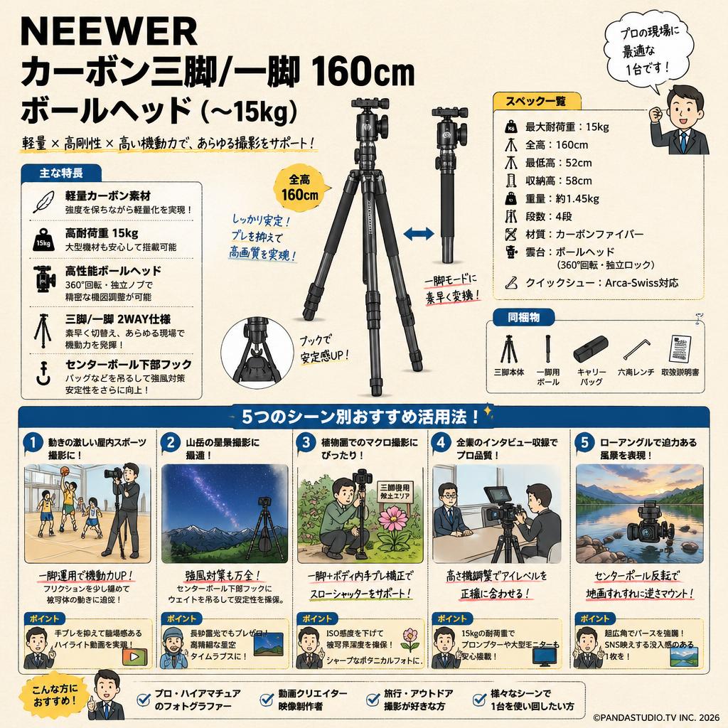 Neewer カーボン三脚/一脚 160cm ボールヘッド(〜15kg） 用途