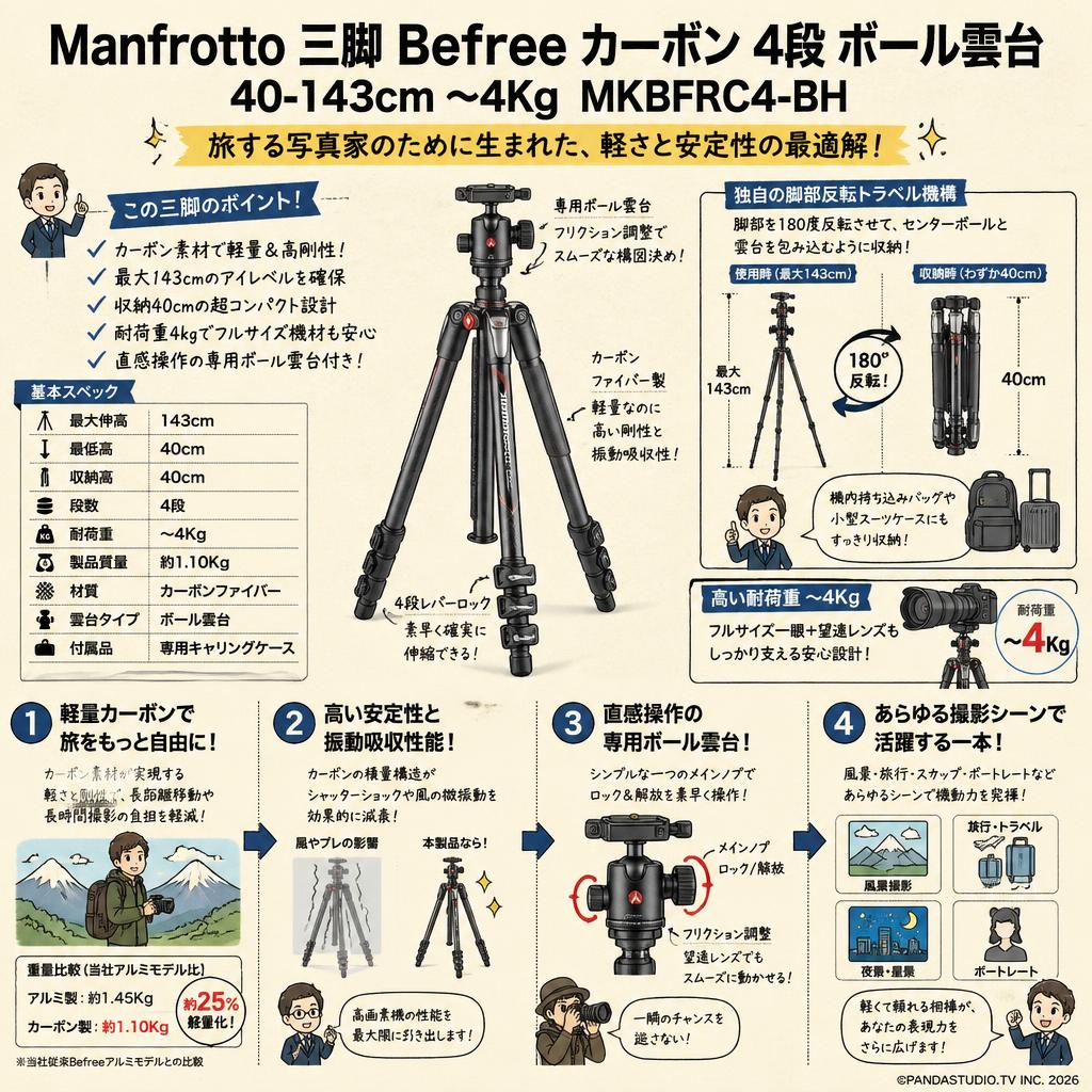 Manfrotto 三脚 Befree カーボン 4段 ボール雲台 40-143cm 〜4Kg MKBFRC4-BH 概要