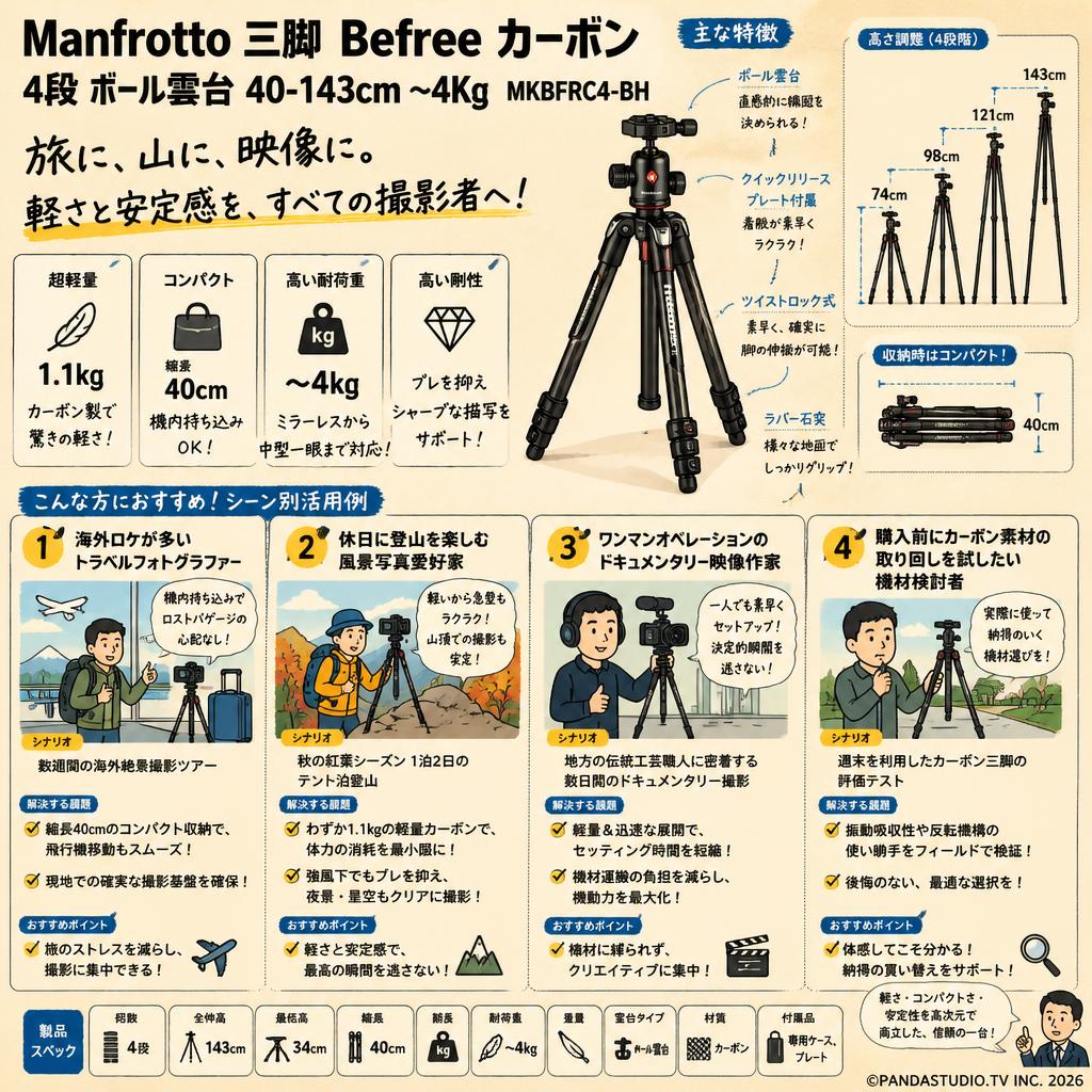 Manfrotto 三脚 Befree カーボン 4段 ボール雲台 40-143cm 〜4Kg MKBFRC4-BH おもな対象のお客様