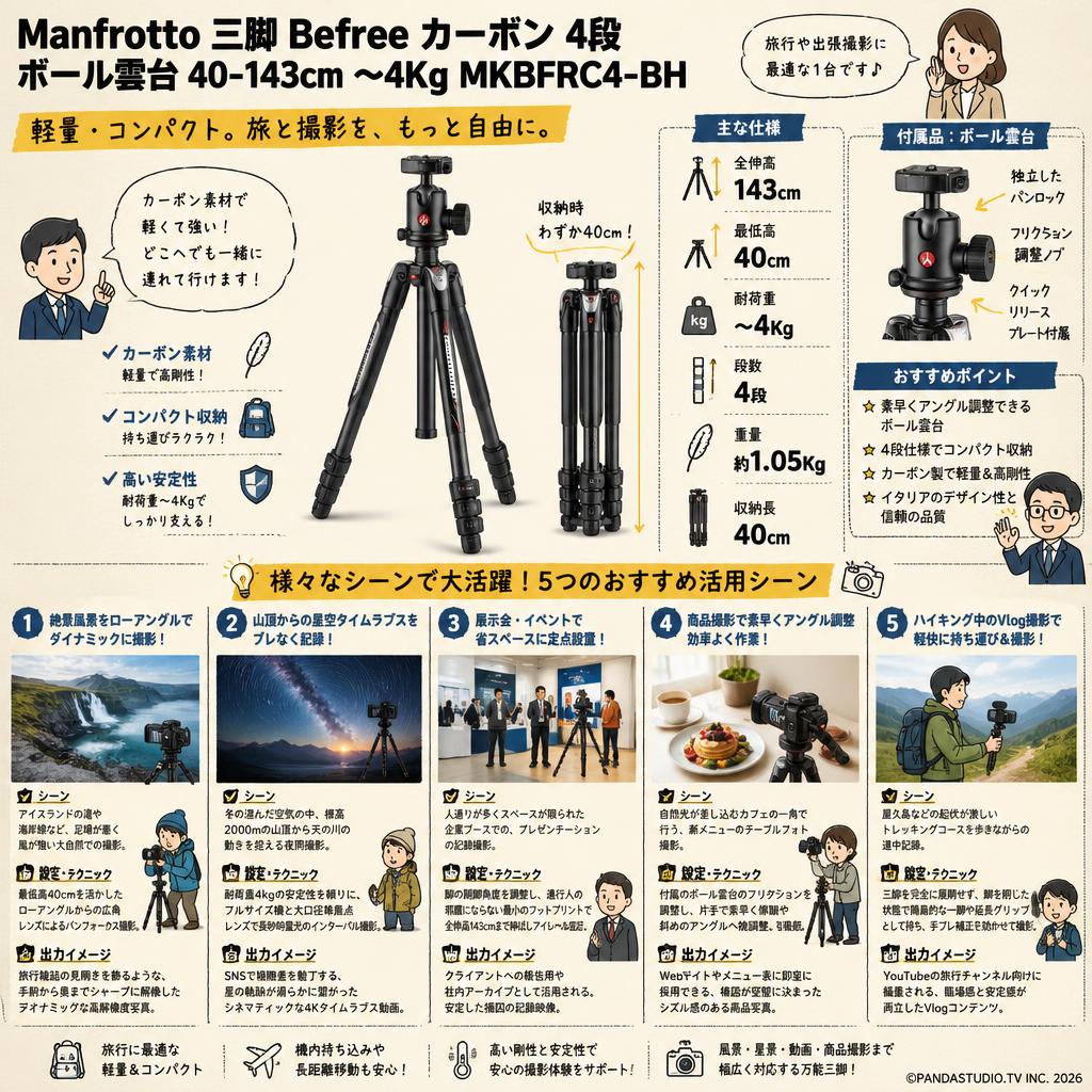 Manfrotto 三脚 Befree カーボン 4段 ボール雲台 40-143cm 〜4Kg MKBFRC4-BH 用途