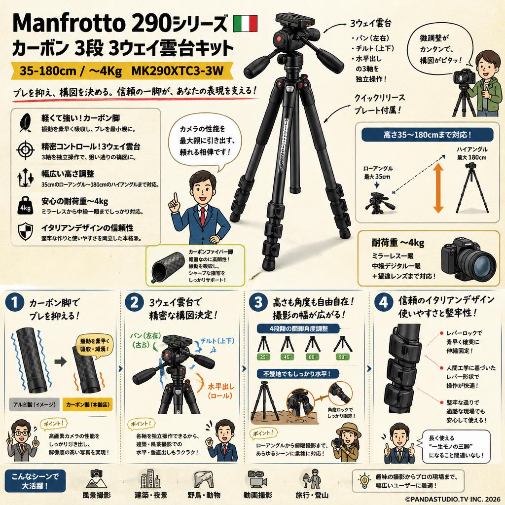 Manfrotto 三脚 290シリーズ カーボン 3段 3ウェイ雲台キット 35-180cm 〜4Kg MK290XTC3-3W 概要