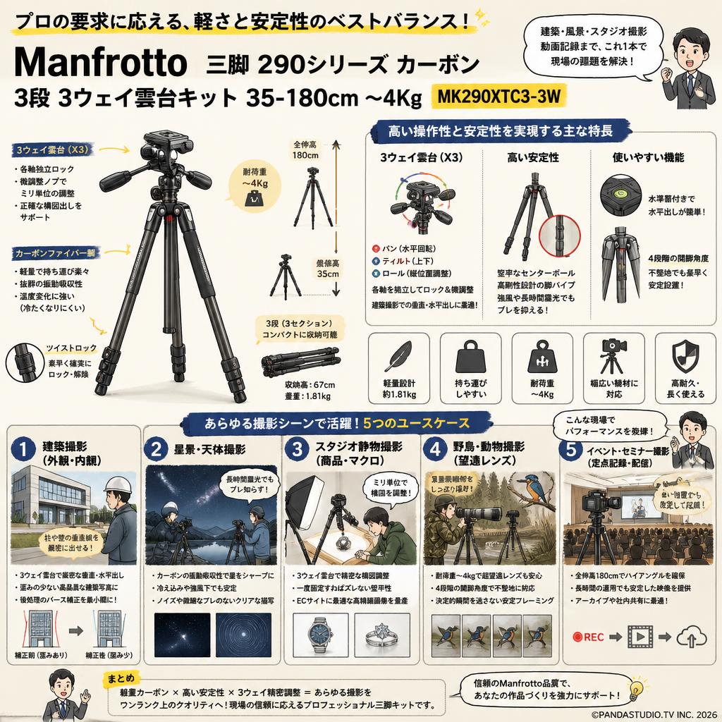 Manfrotto 三脚 290シリーズ カーボン 3段 3ウェイ雲台キット 35-180cm 〜4Kg MK290XTC3-3W 用途