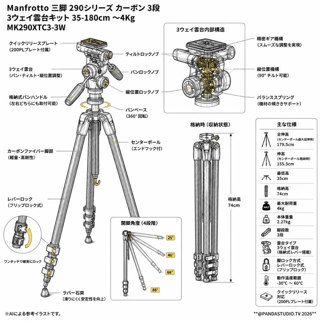 Manfrotto 三脚 290シリーズ カーボン 3段 3ウェイ雲台キット 35-180cm 〜4Kg MK290XTC3-3W スペック