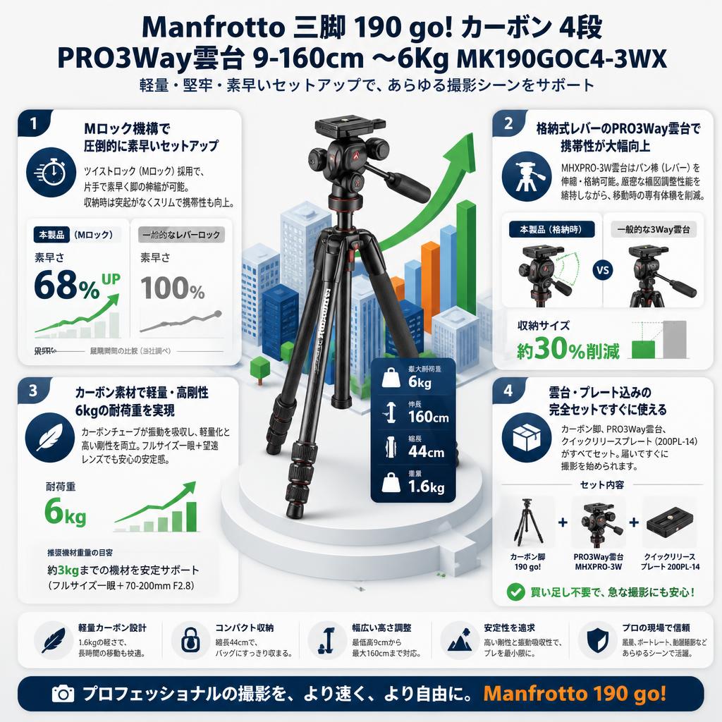 Manfrotto 三脚 190 go! カーボン 4段 PRO3Way雲台  9-160cm 〜6Kg MK190GOC4-3WX セールスポイント
