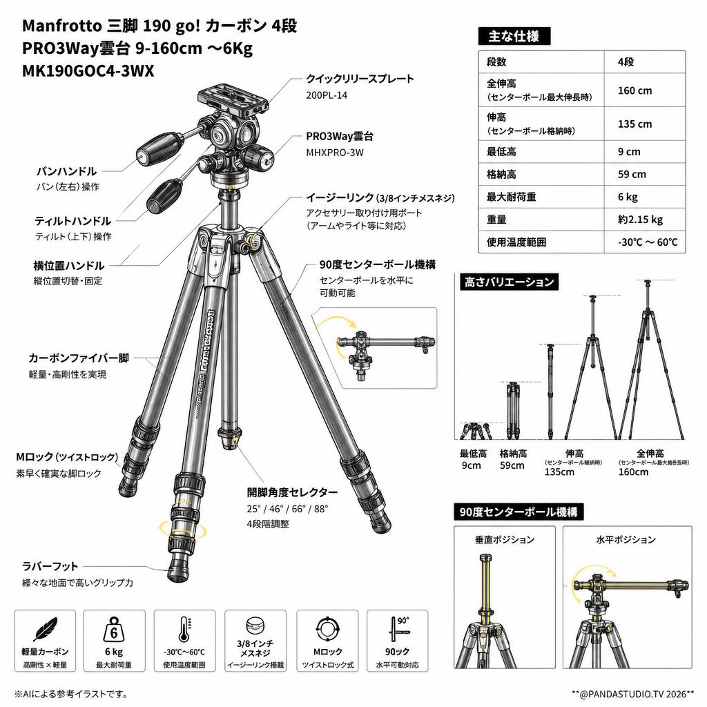 Manfrotto 三脚 190 go! カーボン 4段 PRO3Way雲台  9-160cm 〜6Kg MK190GOC4-3WX スペック