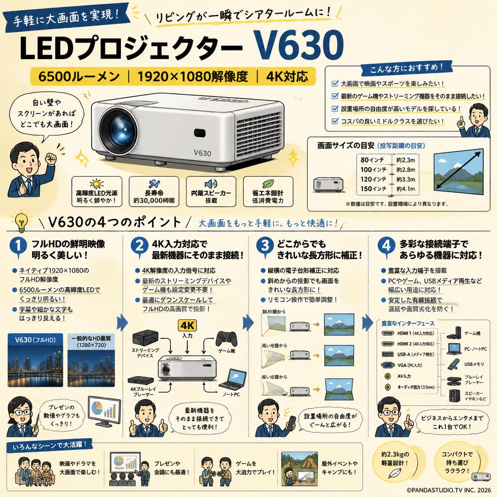 LEDプロジェクター V630 6500ルーメン 1920×1080解像度 4K対応 概要