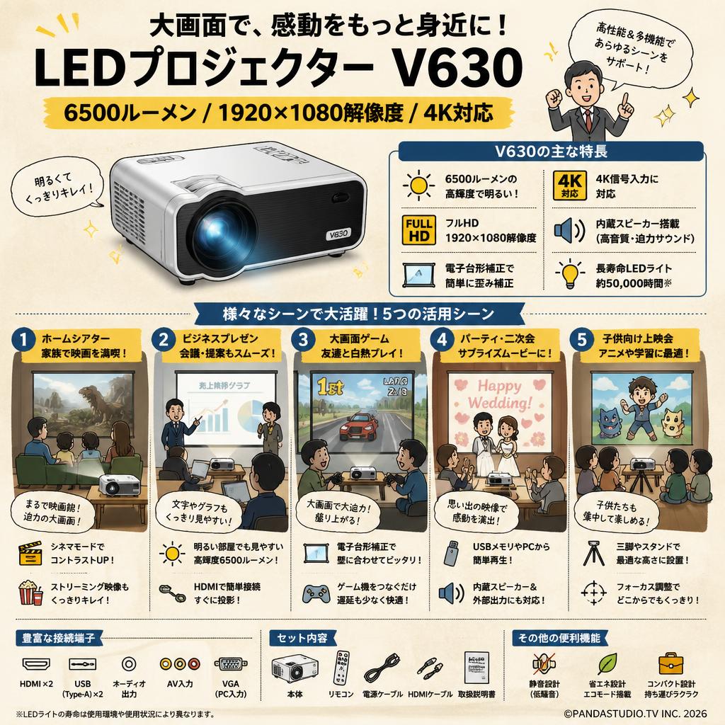 LEDプロジェクター V630 6500ルーメン 1920×1080解像度 4K対応 用途