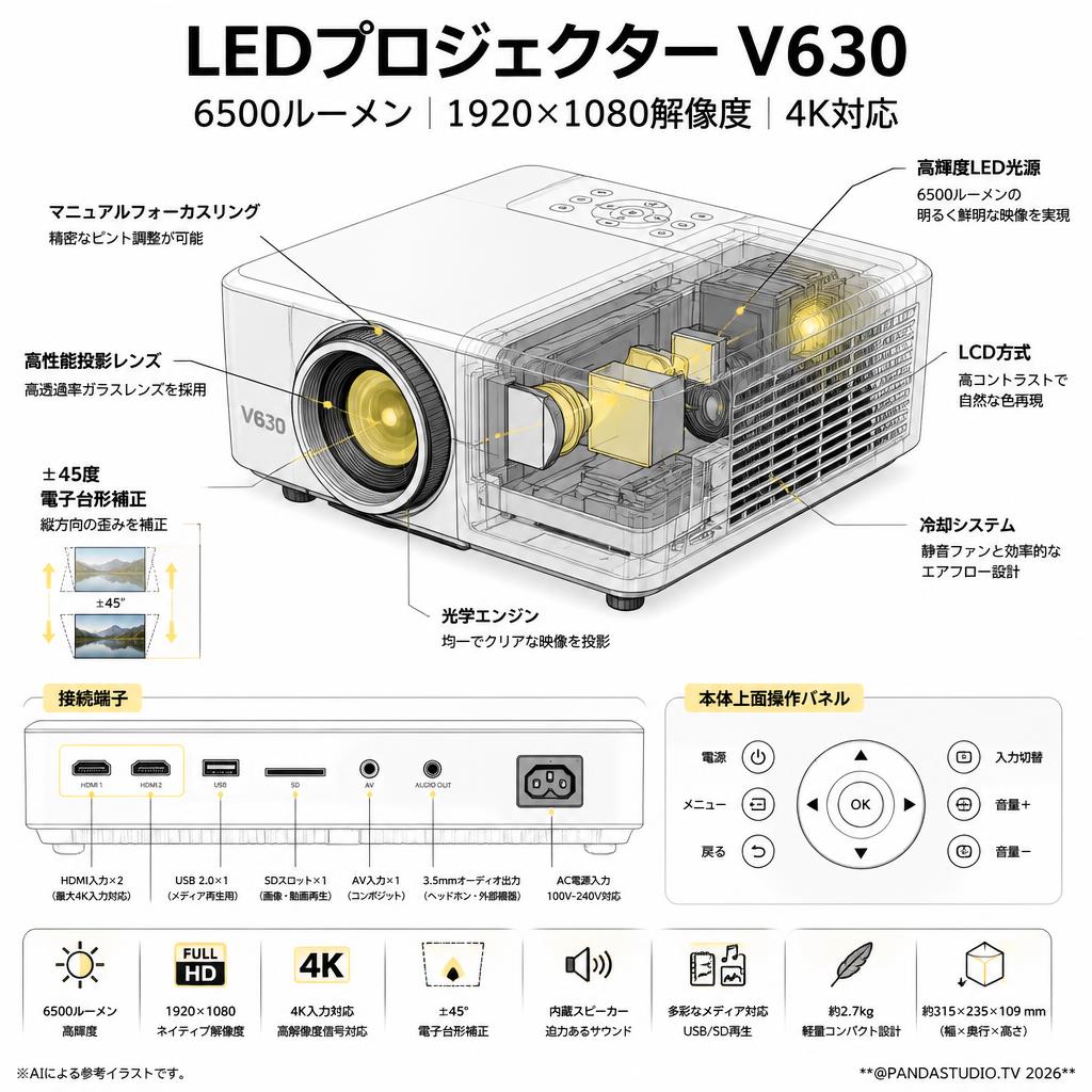 LEDプロジェクター V630 6500ルーメン 1920×1080解像度 4K対応 スペック