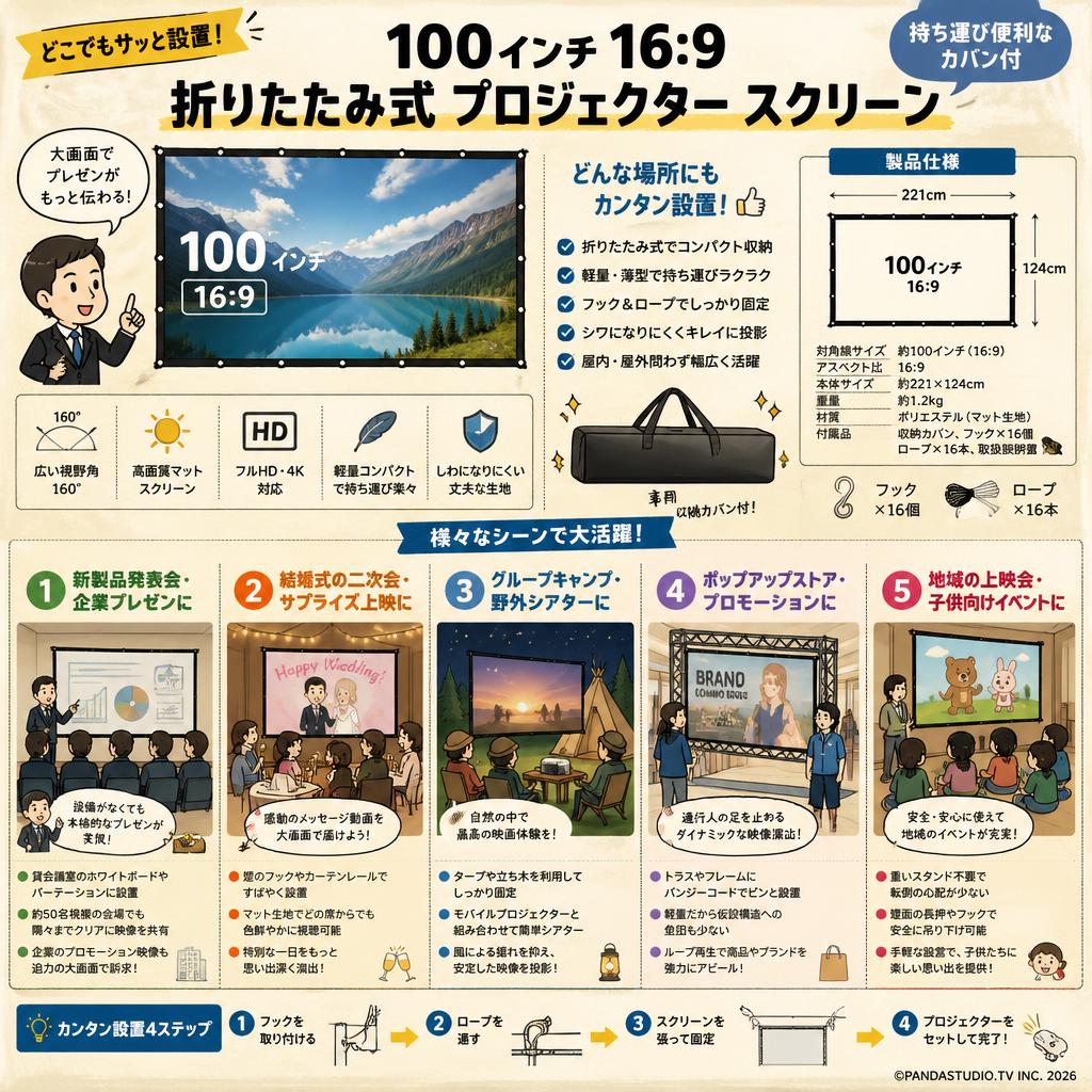 100インチ16:9 折りたたみ式 プロジェクター スクリーン(カバン付) 用途