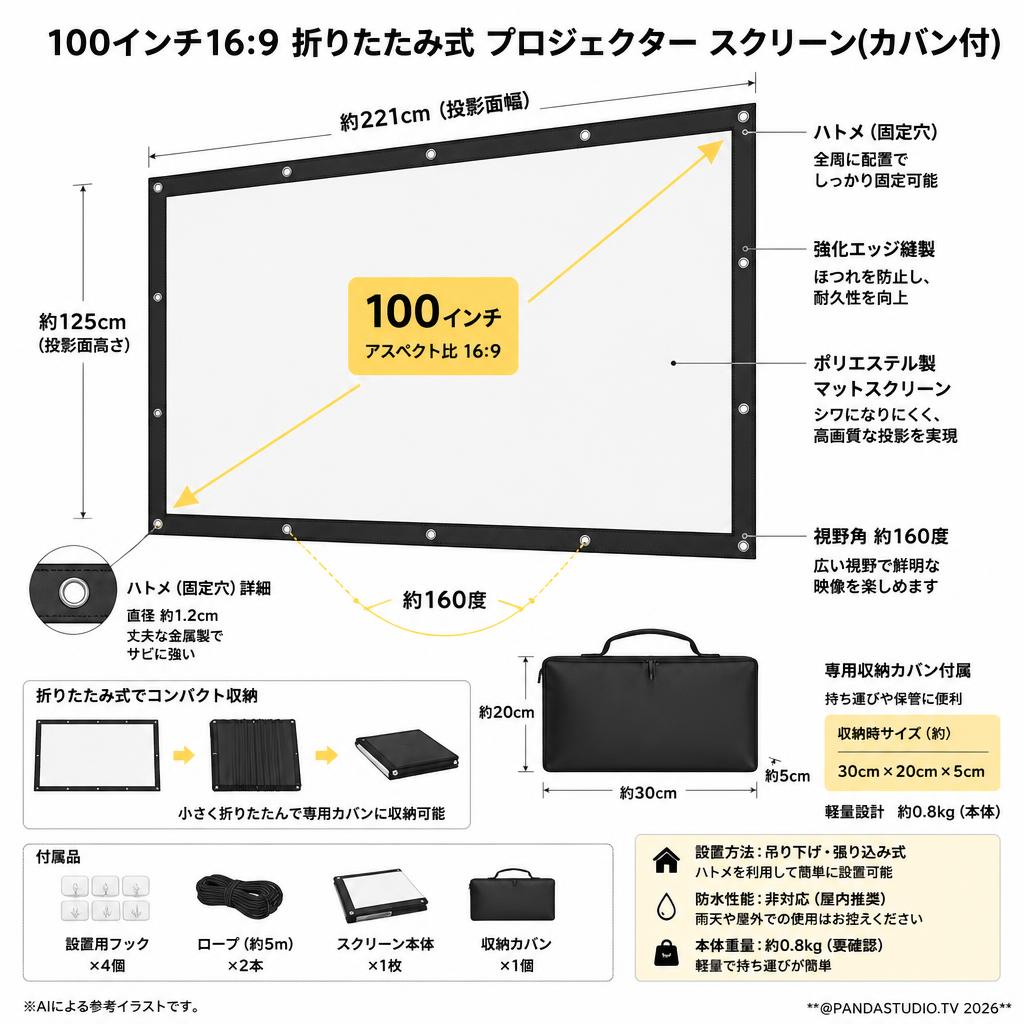 100インチ16:9 折りたたみ式 プロジェクター スクリーン(カバン付) スペック