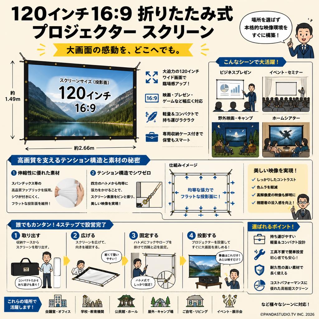120インチ16:9 折りたたみ式 プロジェクター スクリーン 概要