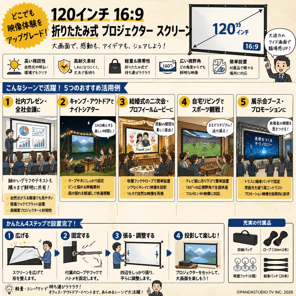 120インチ16:9 折りたたみ式 プロジェクター スクリーン 用途