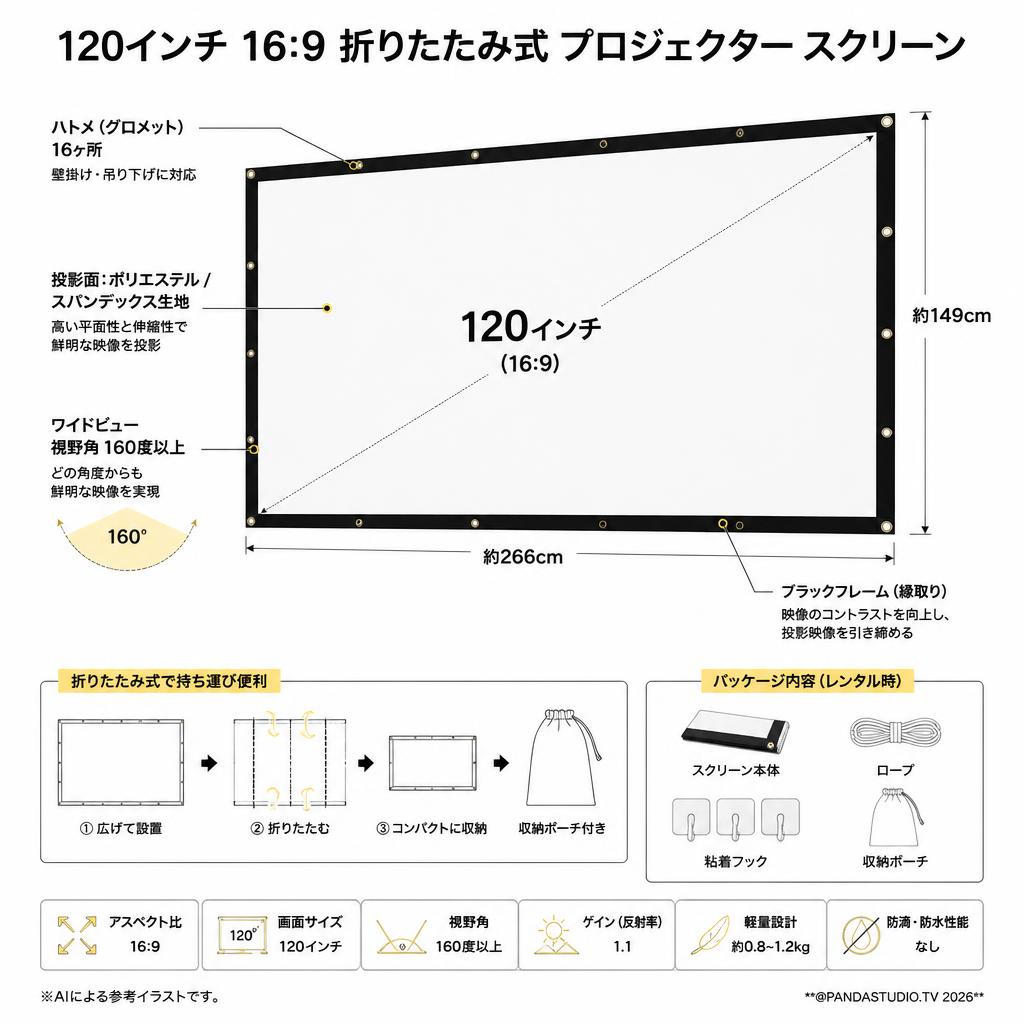 120インチ16:9 折りたたみ式 プロジェクター スクリーン スペック