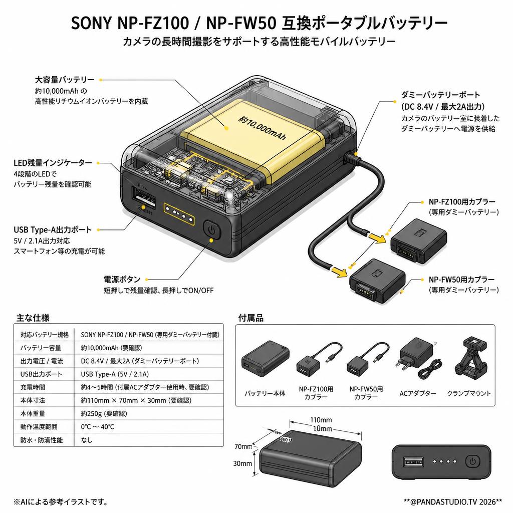SONY NP-FZ100 NP-FW50 互換ポータブルバッテリー スペック