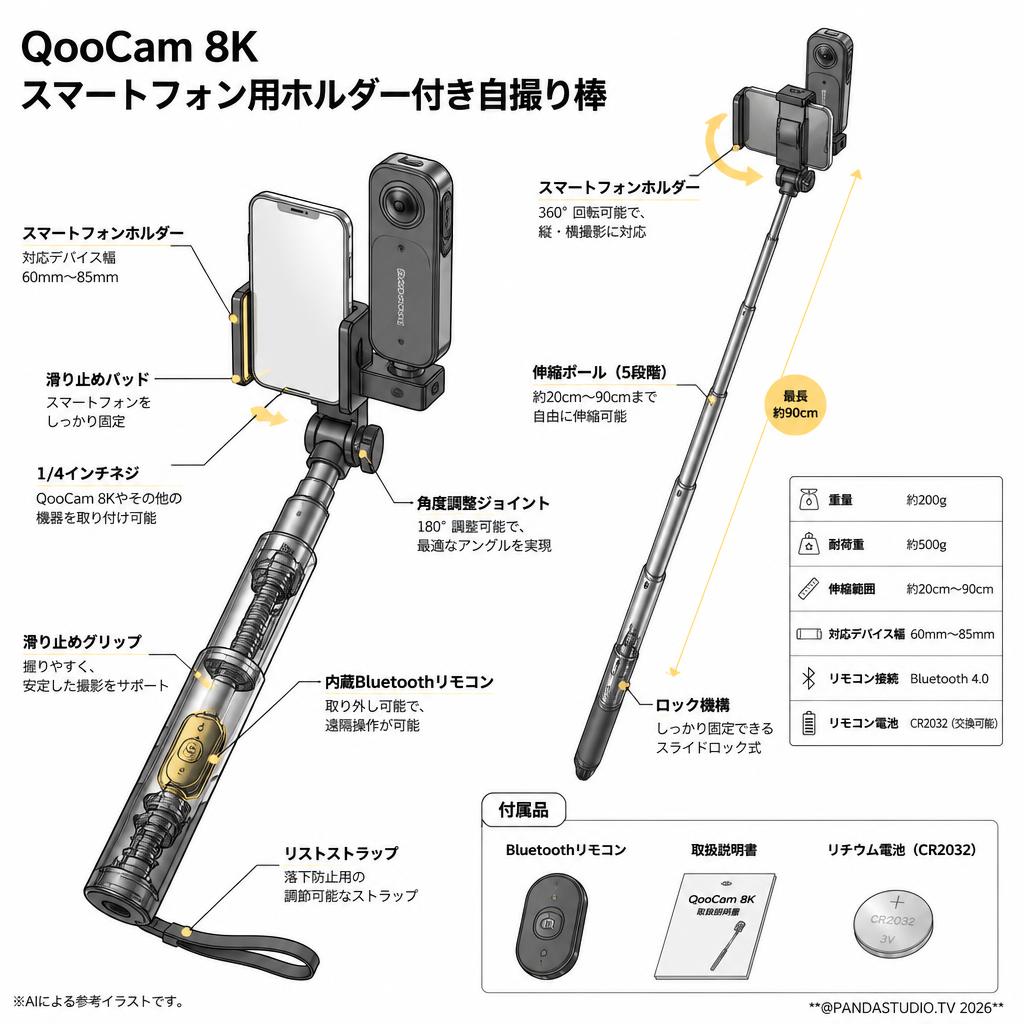QooCam 8K スマートフォン用ホルダー付き自撮り棒 (自撮り棒) スペック