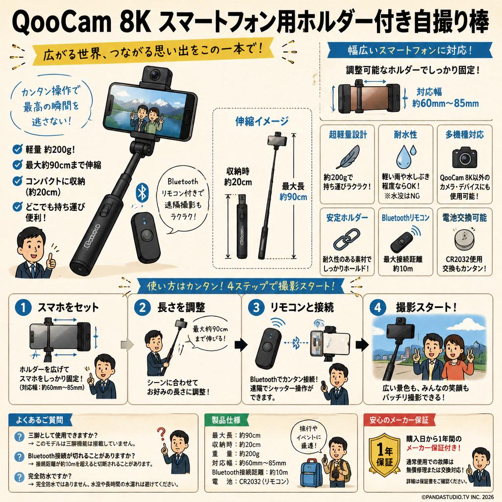 QooCam 8K スマートフォン用ホルダー付き自撮り棒 (自撮り棒) FAQ（よくある質問と答え）