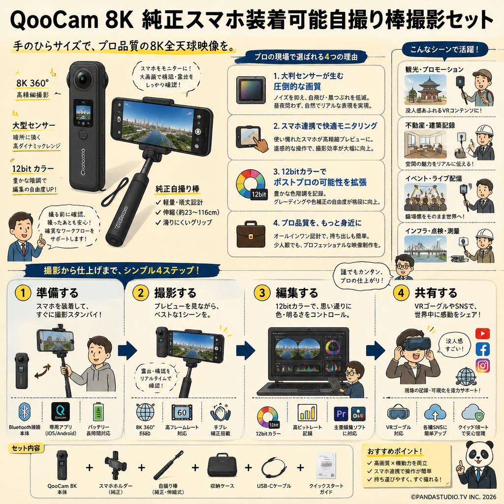 QooCam 8K 純正スマホ装着可能自撮り棒撮影セット 概要