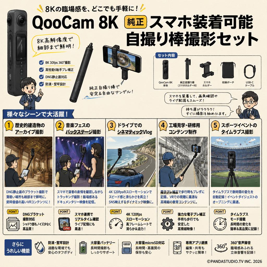 QooCam 8K 純正スマホ装着可能自撮り棒撮影セット 用途