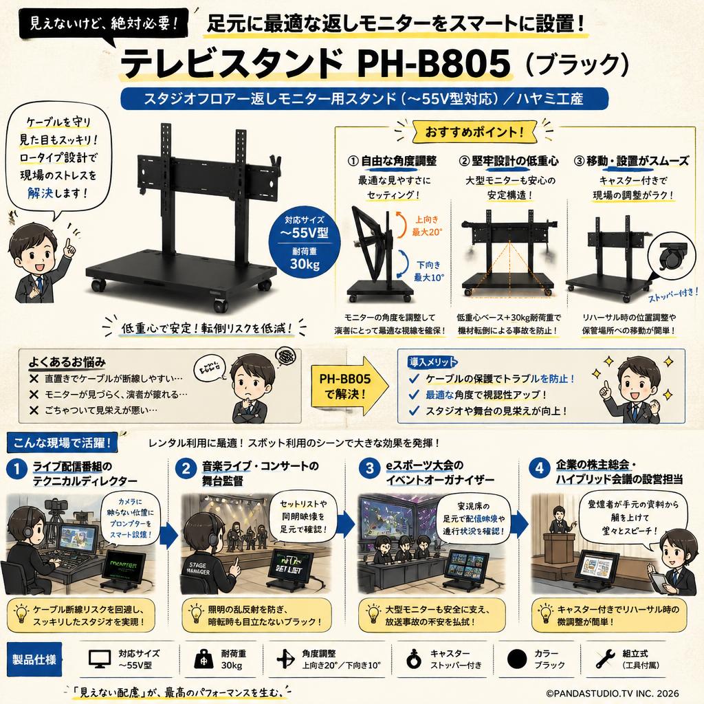 テレビスタンド /スタジオフロアー返しモニター用スタンド (~55v型対応) ハヤミ工産PH-B805 （ブラック） おもな対象のお客様