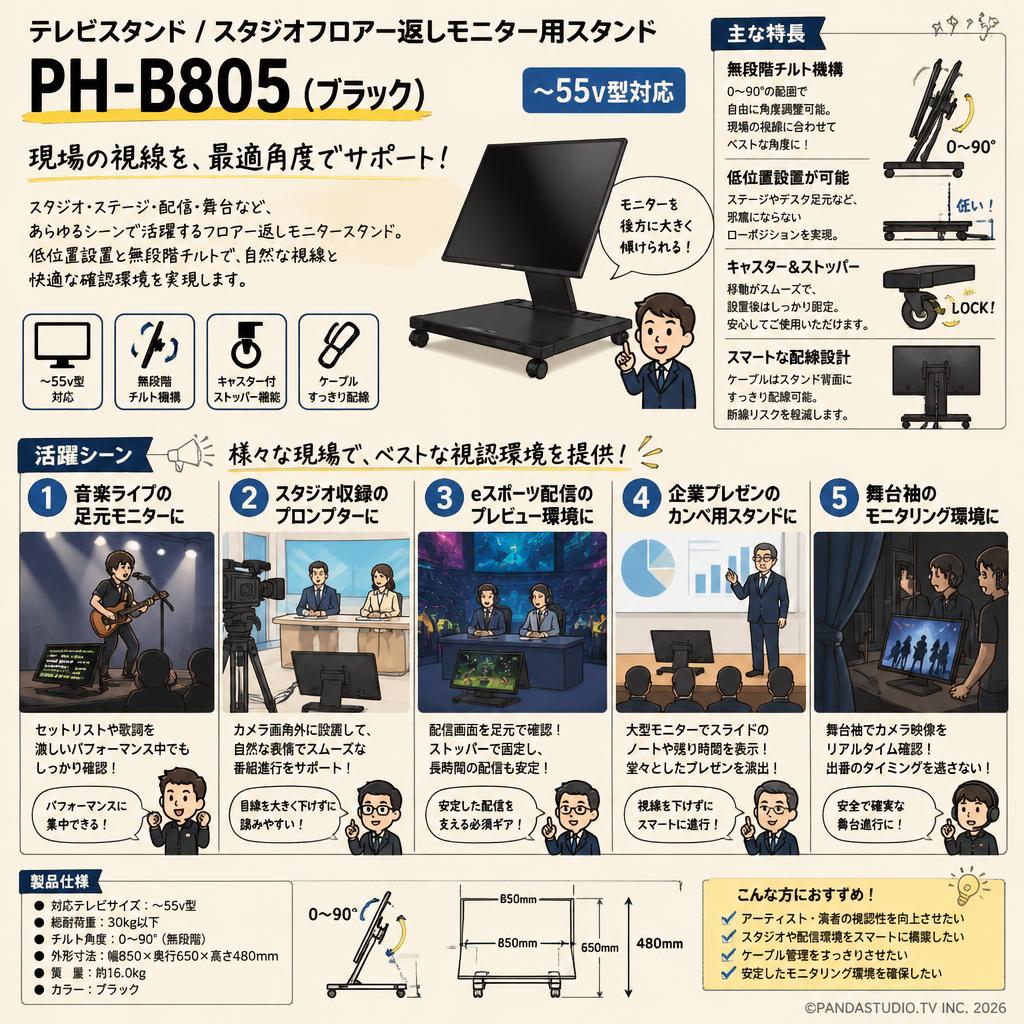 テレビスタンド /スタジオフロアー返しモニター用スタンド (~55v型対応) ハヤミ工産PH-B805 （ブラック） 用途