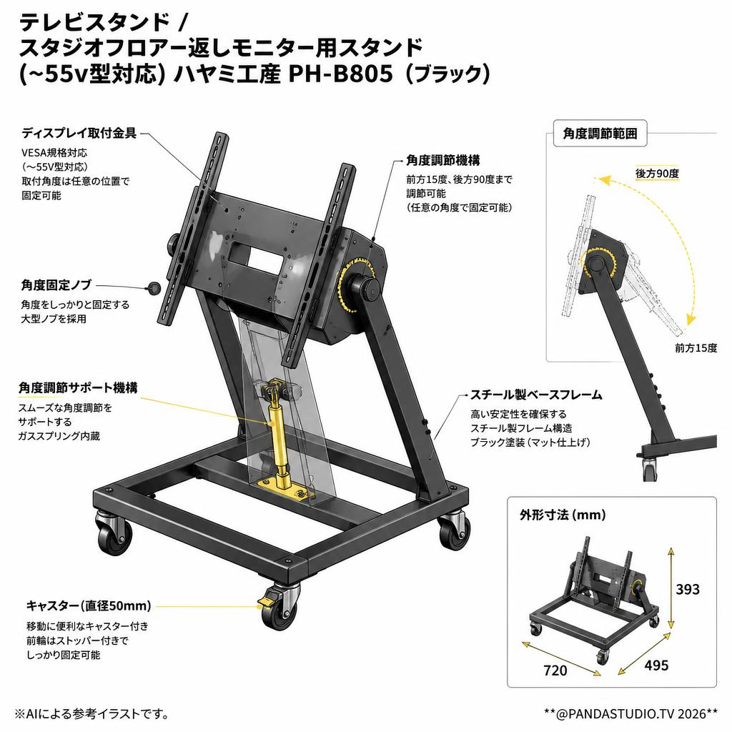 テレビスタンド /スタジオフロアー返しモニター用スタンド (~55v型対応) ハヤミ工産PH-B805 （ブラック） スペック
