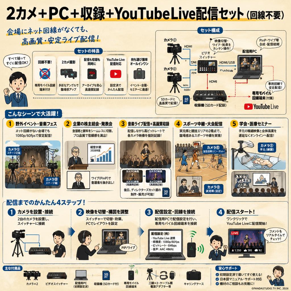 2カメ+ PC + 収録 + YouTubeLive配信セット（回線不要） 用途