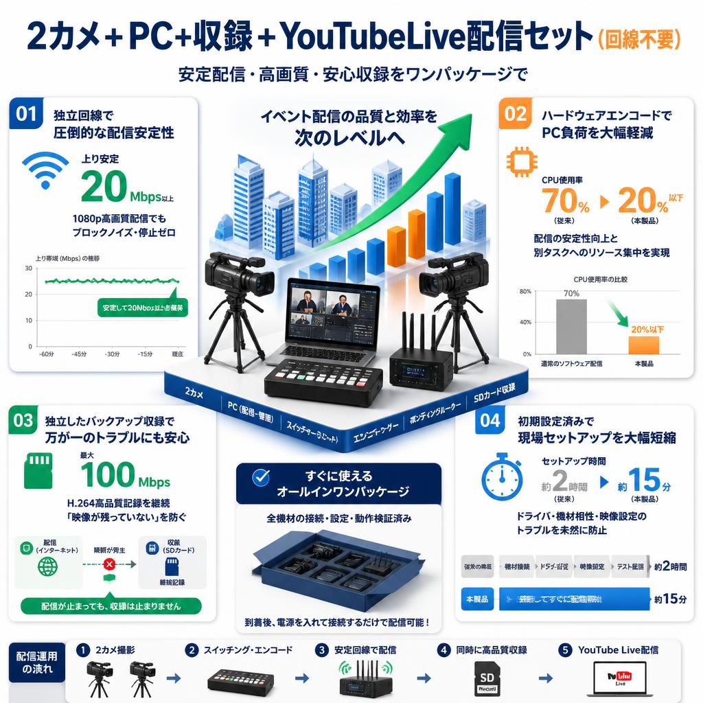 2カメ+ PC + 収録 + YouTubeLive配信セット（回線不要） セールスポイント