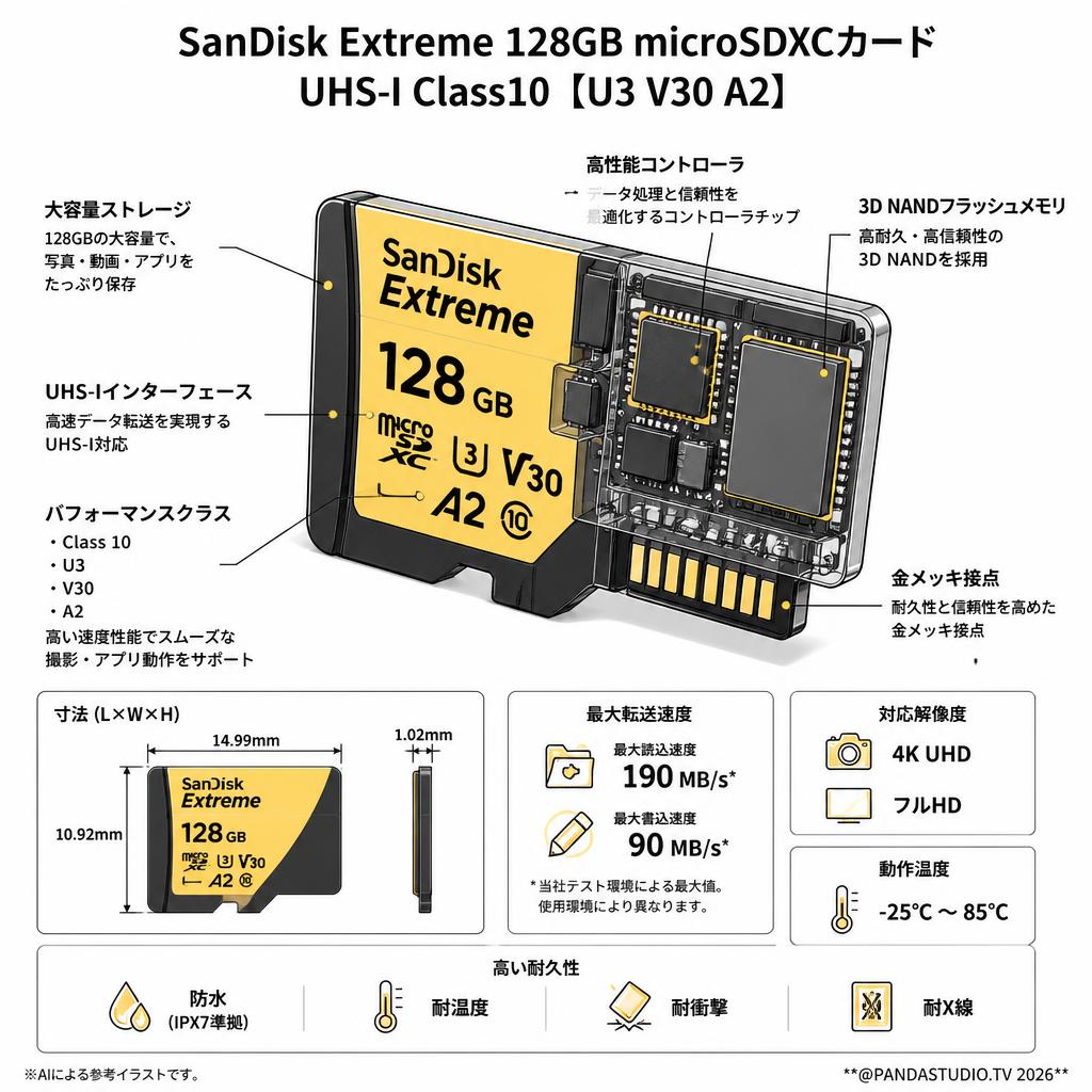 SanDisk Extreme 128GB microSDXCカード UHS-I Class10 【U3 V30 A2】 スペック