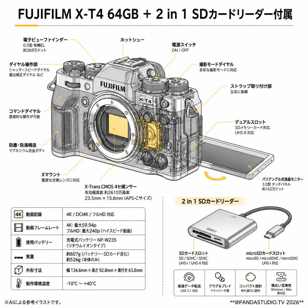 FUJIFILM X-T4 64GB ＋ 2 in 1 SDカードリーダー付属 スペック