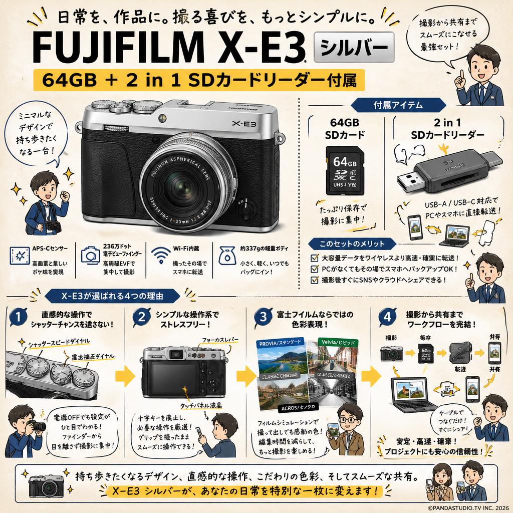 FUJIFILM X-E3 シルバー 64GB ＋ 2 in 1 SDカードリーダー付属 概要