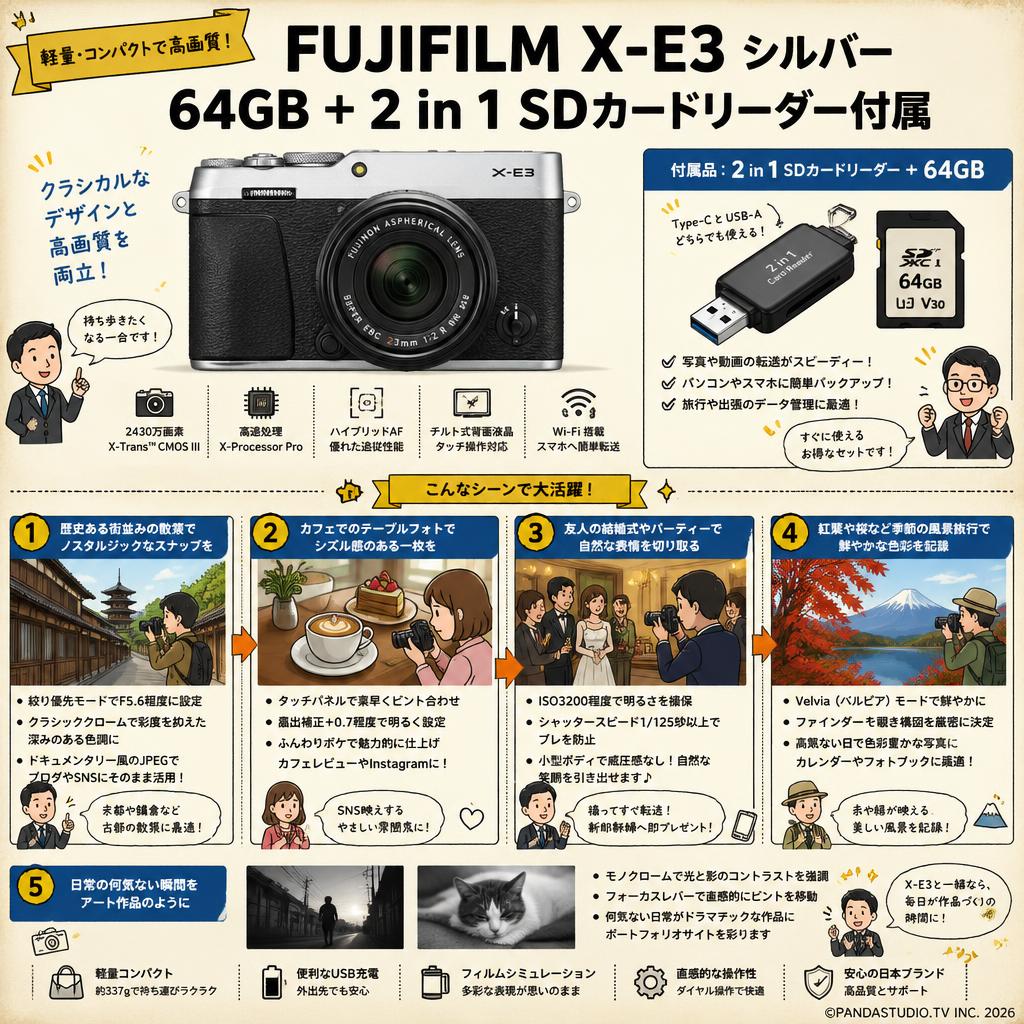 FUJIFILM X-E3 シルバー 64GB ＋ 2 in 1 SDカードリーダー付属 用途