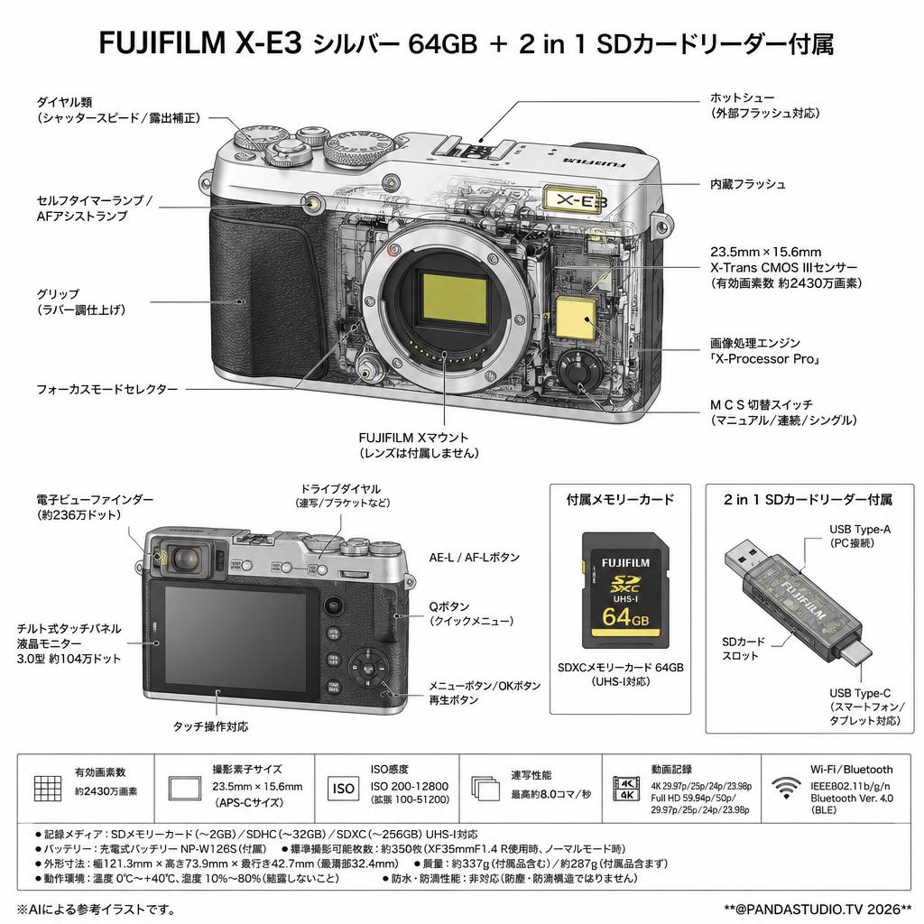 FUJIFILM X-E3 シルバー 64GB ＋ 2 in 1 SDカードリーダー付属 スペック
