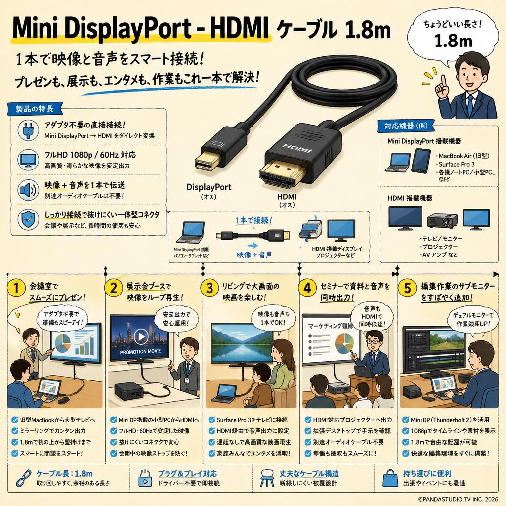 Mini DisplayPort - HDMI ケーブル 1.8m 用途