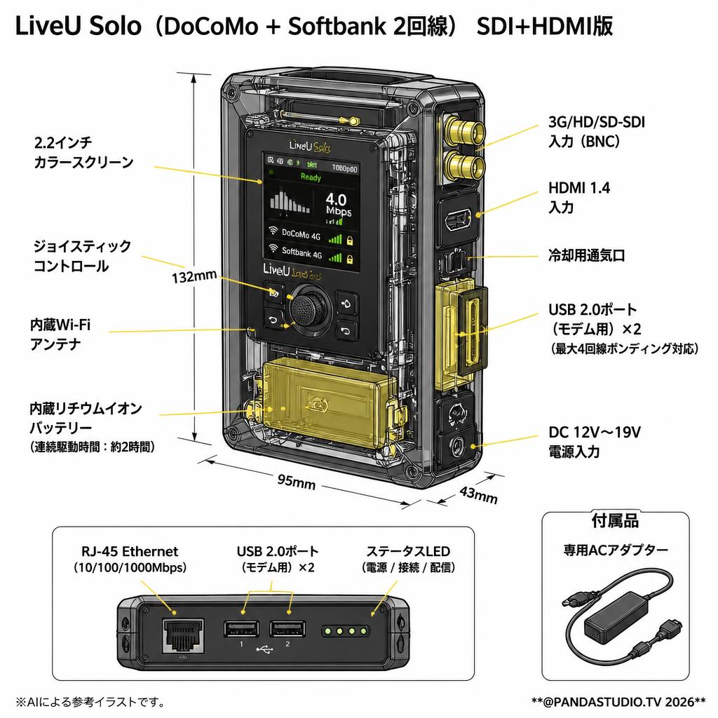LiveU Solo （DoCoMo + Softbank 2回線） SDI+HDMI版 スペック