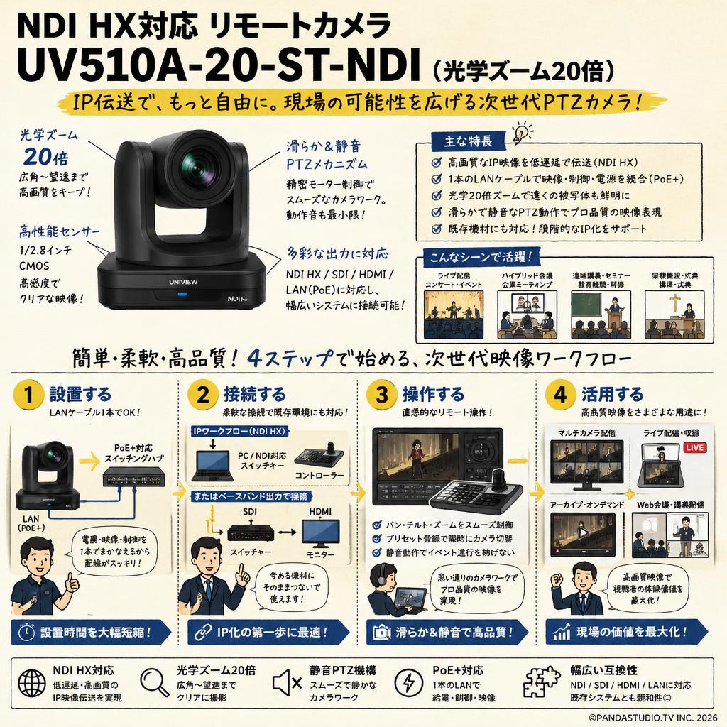 NDI HX対応 リモートカメラ UV510A-20-ST-NDI（光学ズーム20倍） 概要