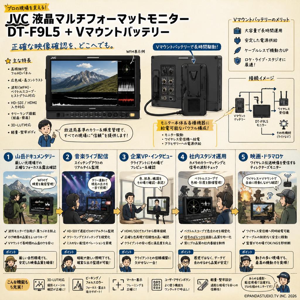 JVC 液晶マルチフォーマットモニター  DT-F9L5 + Vマウントバッテリー 用途