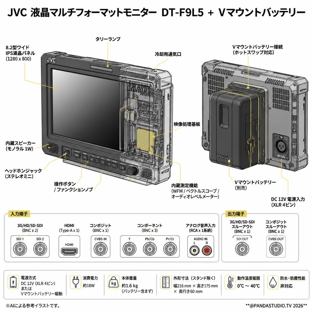 JVC 液晶マルチフォーマットモニター  DT-F9L5 + Vマウントバッテリー スペック